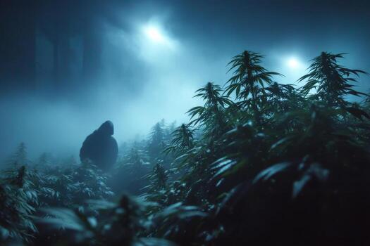 A man standing in the middle of a field of marijuana plants photo