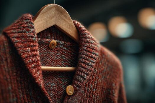 A sweater hanging on a hanger with wooden buttons photo