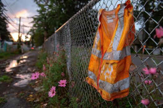 A chain link fence with a yellow vest hanging from it photo