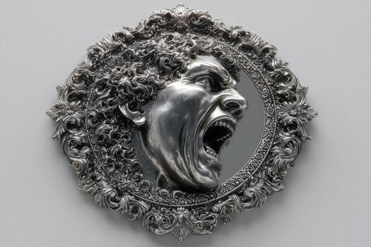 A silver mirror with a face of a man screaming photo