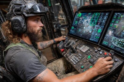 A man wearing a helmet and holding a computer photo