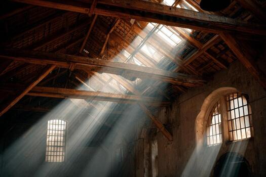 Sunlight beams through the windows of an old building photo