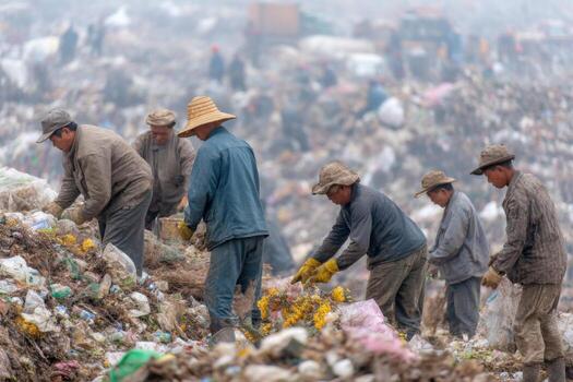 Workers sorting garbage at a landfill photo