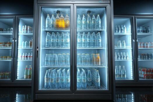 Refrigerator with bottles of water and soda in it photo