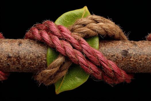 A close up of a rope with a leaf tied to it photo