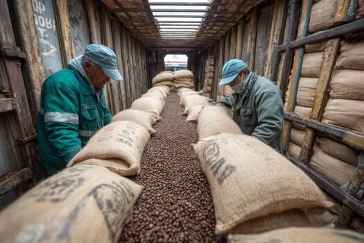 dos hombres en verde uniformes son cargando sacos de café frijoles foto