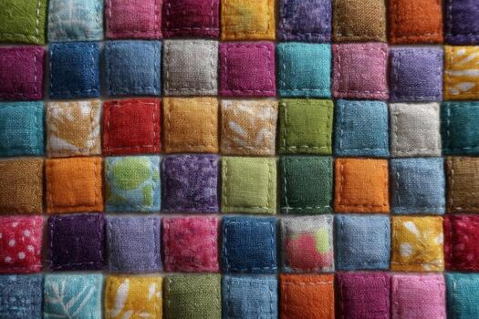 A close up of a colorful patchwork quilt photo