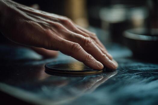A person's hand is touching a coin on a table photo