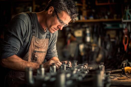 A man working on a machine in a workshop photo