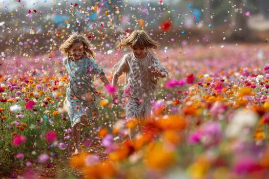 Two children running through a field of flowers photo