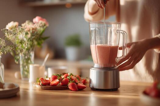 A woman is making a smoothie in a blender photo