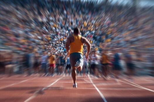 A man running on a track with a crowd of people photo