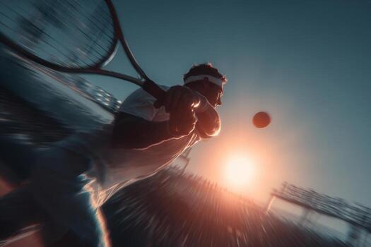 A tennis player is hitting the ball with a racket photo