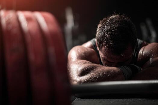 A man is resting on a bench while holding a barbell photo
