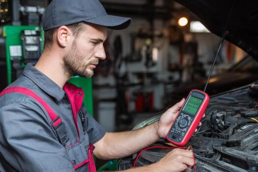 A man in a hat and cap is using an electronic multimeter photo