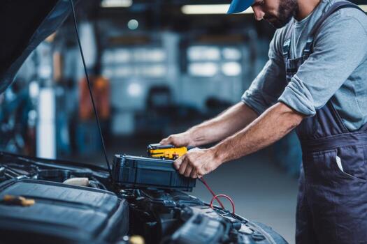 A man is working on a car with a battery photo