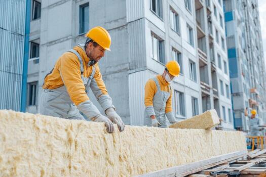 Two men in yellow hard hats working on a building photo