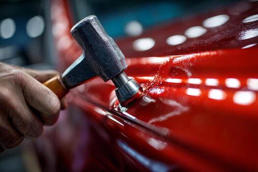 A person is using a hammer to paint a red car photo