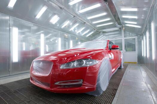 A car is being painted inside of a large building photo