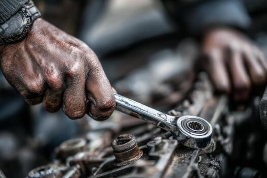 A mechanic is holding a wrench on a car engine photo