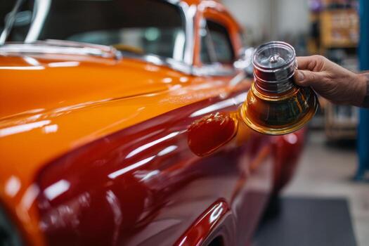 A man is using a spray bottle to clean an orange car photo