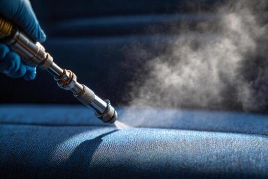A person in blue gloves is using a steam cleaner to clean a couch photo