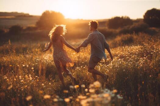 Couple running in field at sunset photo