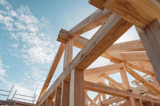 A wooden frame is being built on a house photo