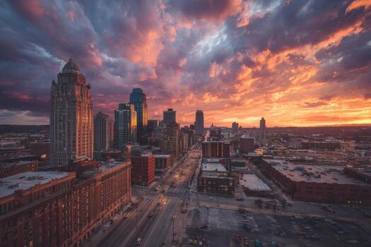 A city skyline with a colorful sunset photo