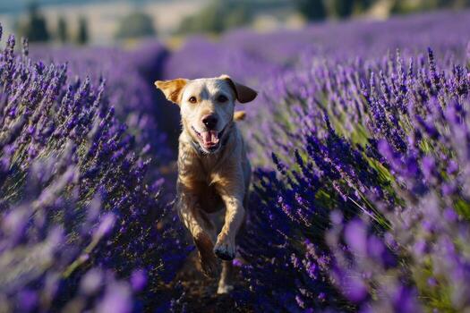 A dog running through a field of lavender photo