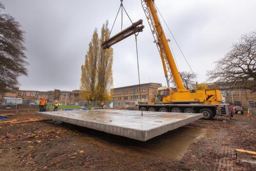 A crane lifting a concrete slab onto a building site photo