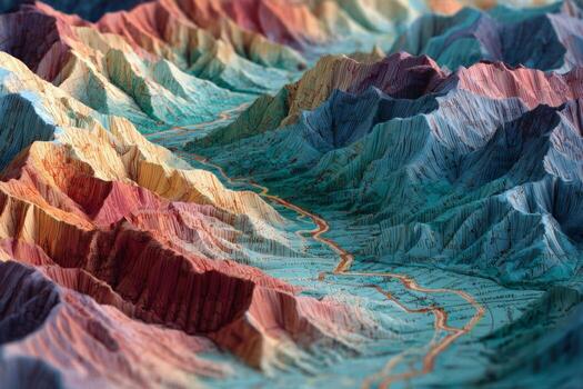 A 3d model of a mountain range with a river running through it photo