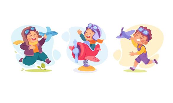 Joyful children are pretending to soar through the sky while playing with colorful airplanes vector