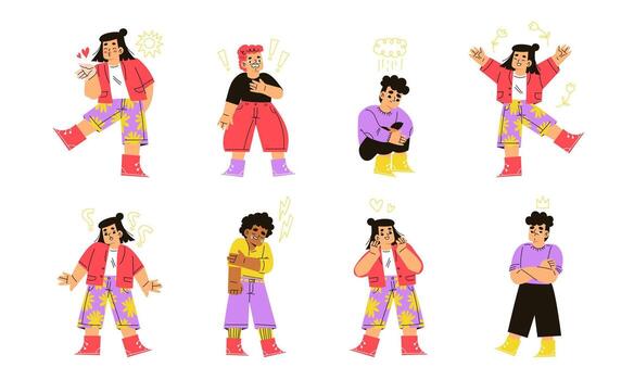 Dynamic Pixel Art Characters in Various Poses for Depicting a Range of Emotions and Styles vector