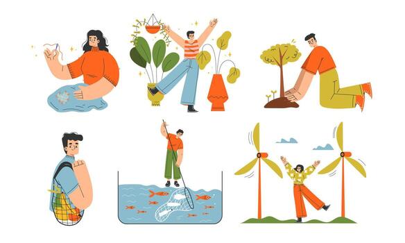 Illustrations depicting EcoFriendly Activities and Sustainable Practices for a better world vector
