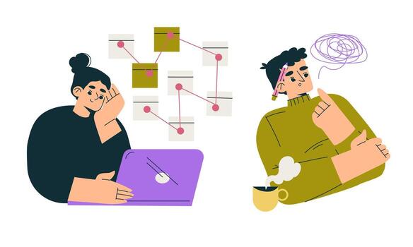 An engaging and imaginative brainstorming session using a laptop and various ideas vector