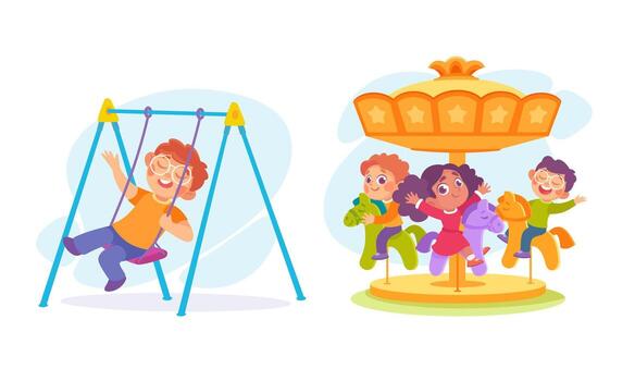 Joyful Kids Happily Playing Enjoying Swing Sets and a Colorful Carousel Ride Full of Fun vector