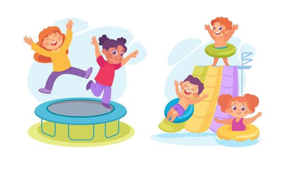 Children joyfully playing on a trampoline and slide in a colorful and vibrant playground setting vector