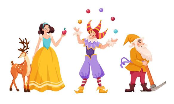 Whimsical Characters in a Fantasy Scene Featuring a Jester and a Beautiful Enchanted Forest vector