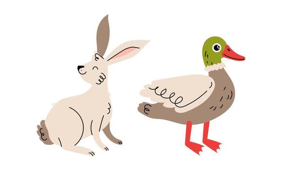 Charming and Cute Illustration Featuring a Rabbit and Duck in a Playful and Colorful Style vector