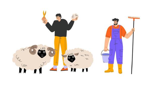 Sheep Farming Experts Dedicatedly Working with Their Herd, Tools, and Techniques vector