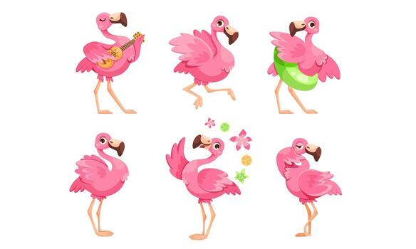 Playful and vibrant Pink Flamingos depicted in various fun and joyful poses for all to enjoy vector