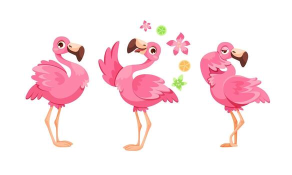 A collection of Colorful Cartoon Flamingos depicted in various Playful Poses and scenes vector