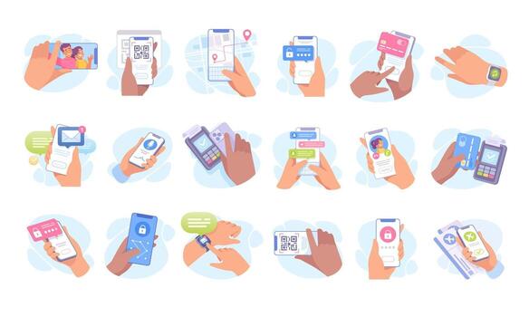 Illustrations of Modern Mobile Devices and Interactions for Enhanced User Experience vector