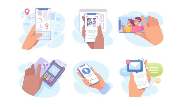 Illustrations of interactions with digital devices for effective and modern communication vector