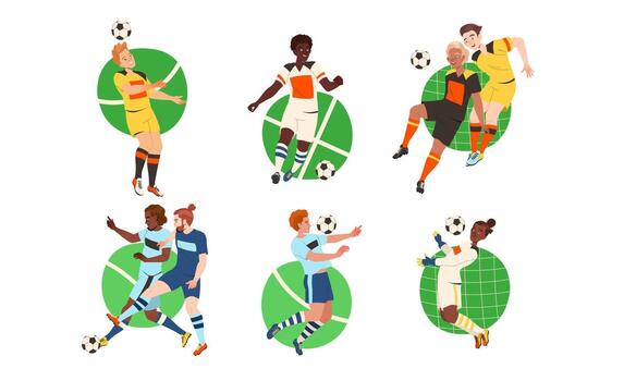 emocionante dinámica fútbol comportamiento presentando un variedad de diverso jugadores en vistoso kits vector