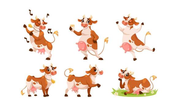 Playful Cartoon Cows Displaying Various Charming Poses for Amusement and Joyful Fun vector