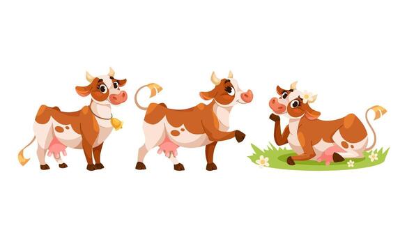 Adorable and Cheerful Animated Cows Displaying a Variety of Playful Poses and Scenes vector
