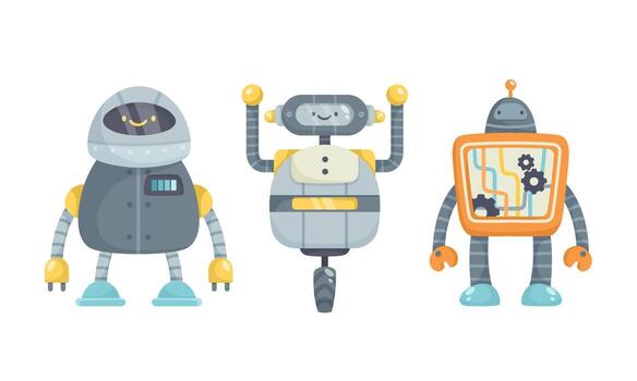 Three Vibrantly Colorful Cartoon Robots Designed in a Playful and Engaging Style vector