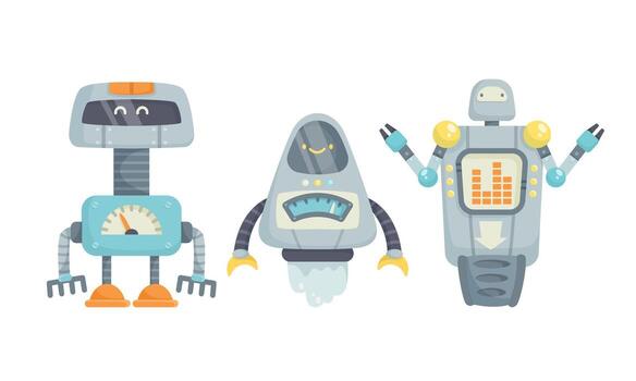 A delightful collection of playful robots created in an adorable pixel art style vector